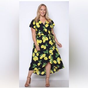 Chic Lemon Print Navy Midi Dress